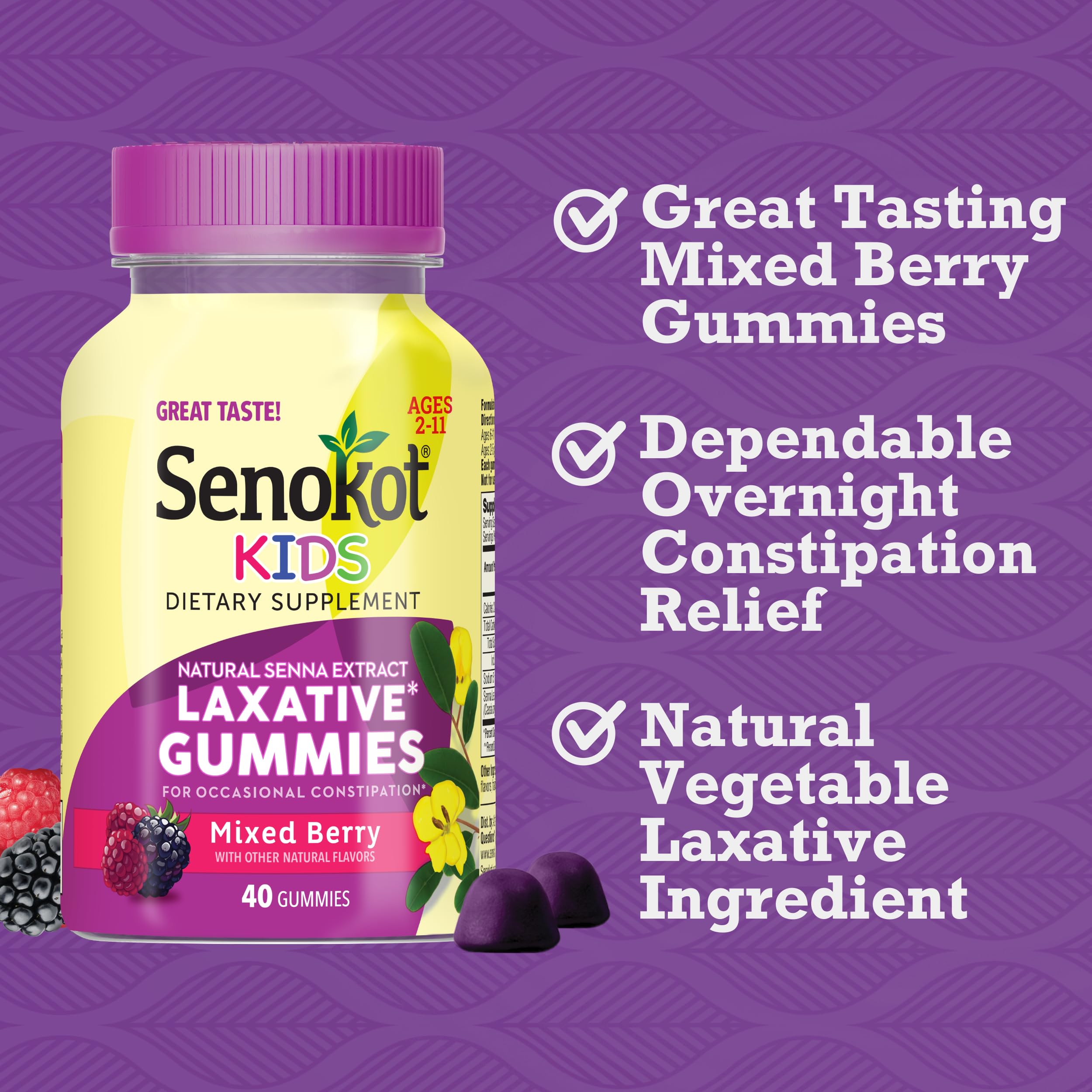 Senokot Kids Mixed Berry Laxative Gummies for Age 2+, Senna Extract for Gentle, Overnight Relief from Occasional Constipation, 40 ct