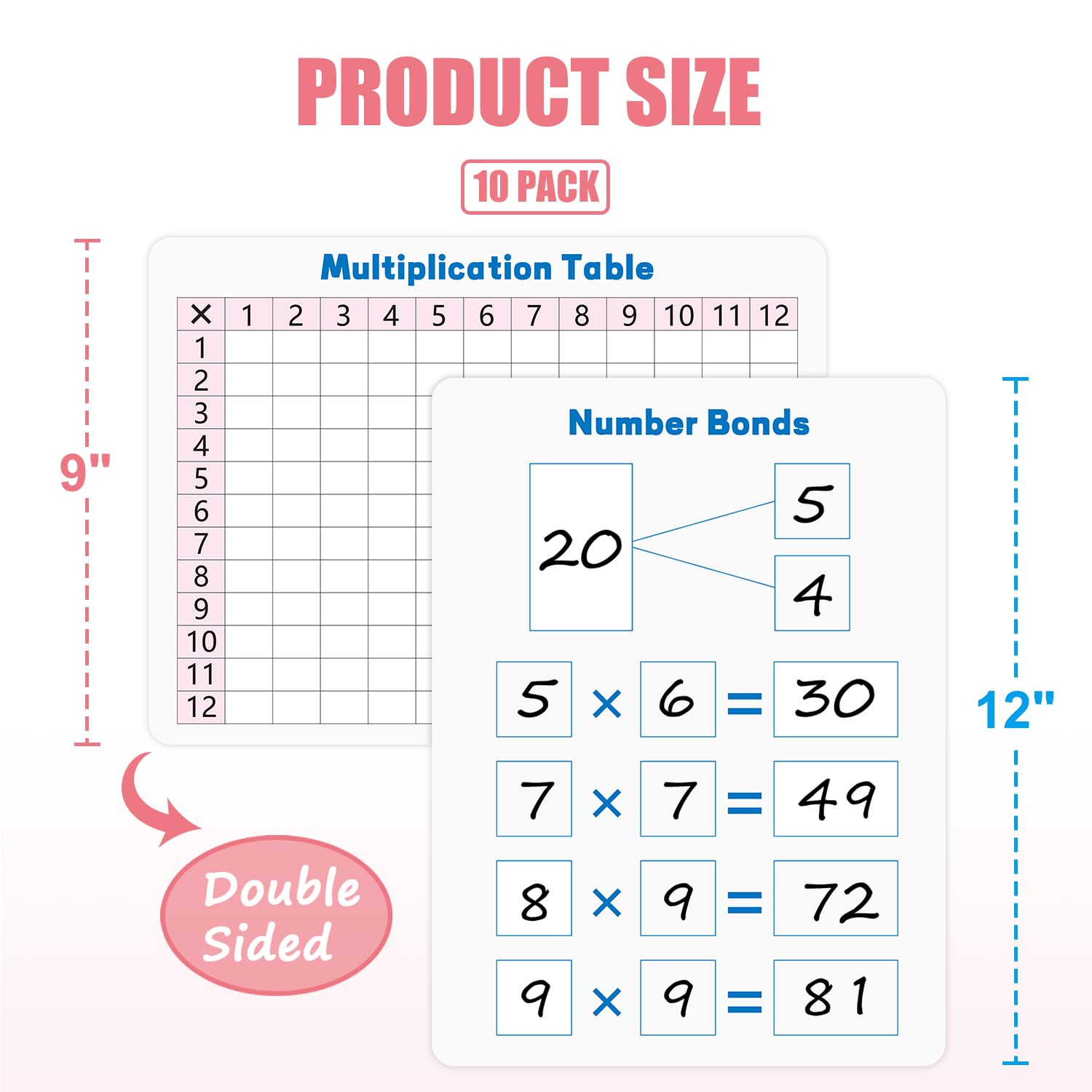 10 Pack Multiplication Chart Whiteboard Card - Double-Sided 9" x 12" Dry Erase Board, Math Manipulatives White Board for Kids Students, Classroom and Home Learning，Small White Board Card Dry Erase