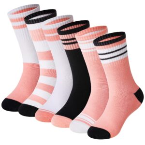 eyean girls athletic crew socks kids cotton sports soft breathable casual socks 6 pairs (9-13 years,striped b)