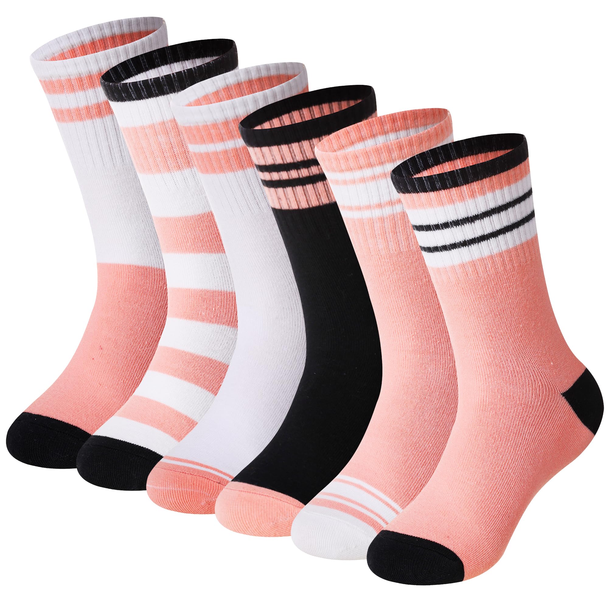 Eyean Girls Athletic Crew Socks Kids Cotton Sports Soft Breathable Casual Socks 6 Pairs (9-13 Years,Striped B)