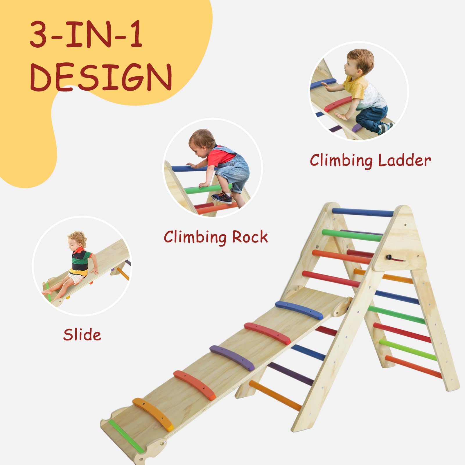 Babion Pikler Triangle Set, 2-in-1 Toddler Climbing Toys Indoor, Indoor Playground Climbing Toys for Toddlers, Indoor Jungle Gym, Montessori Climbing Set with Triangle & Ramp