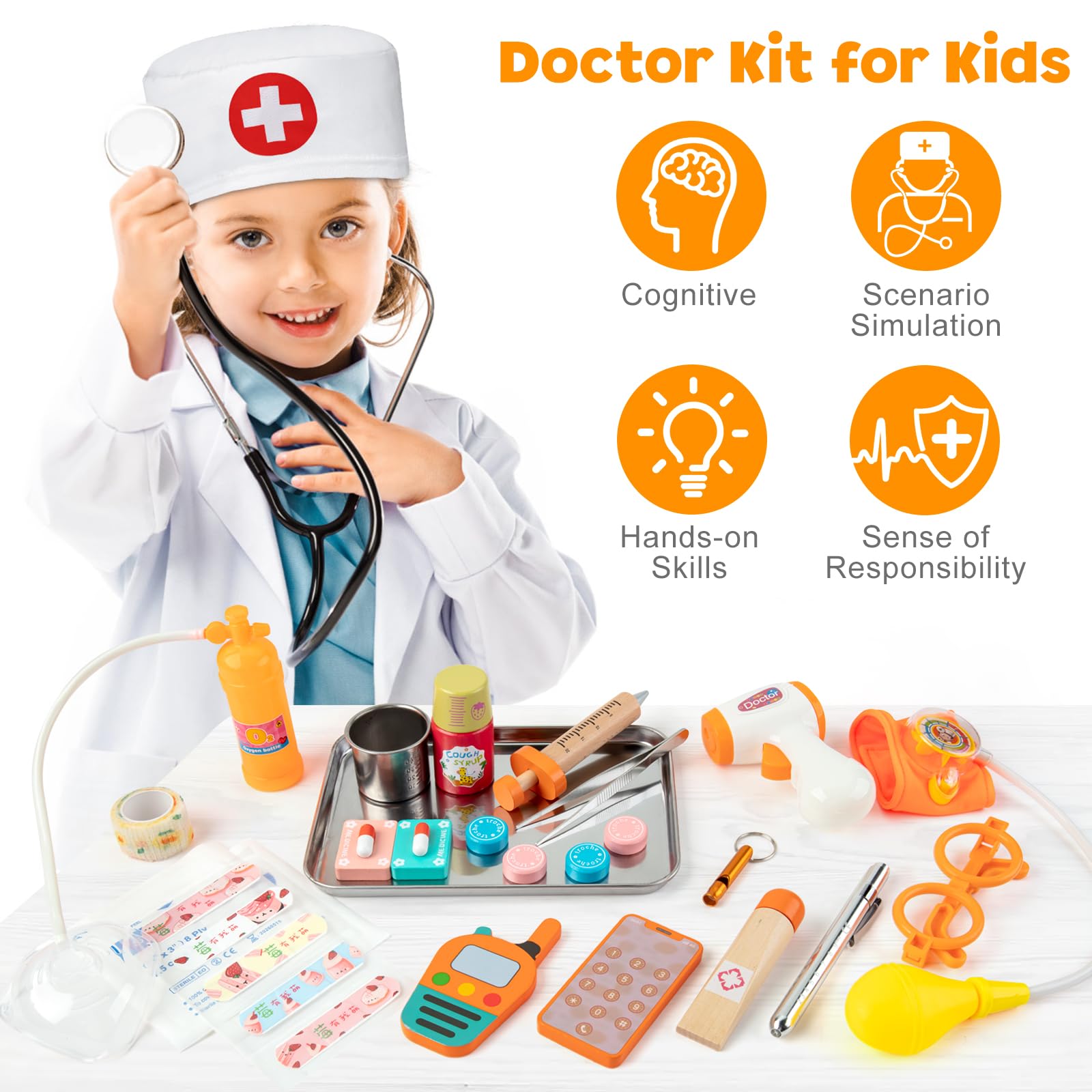 EFO SHM Doctor Kit for Kids, 34 Pcs Kids Doctor Playset kit for Toddlers 3-5 with Medical Storage Bag & Real Stethoscope, for Boys and Girls Fun Role Playing Game, Doctor Play for Kids Toddlers