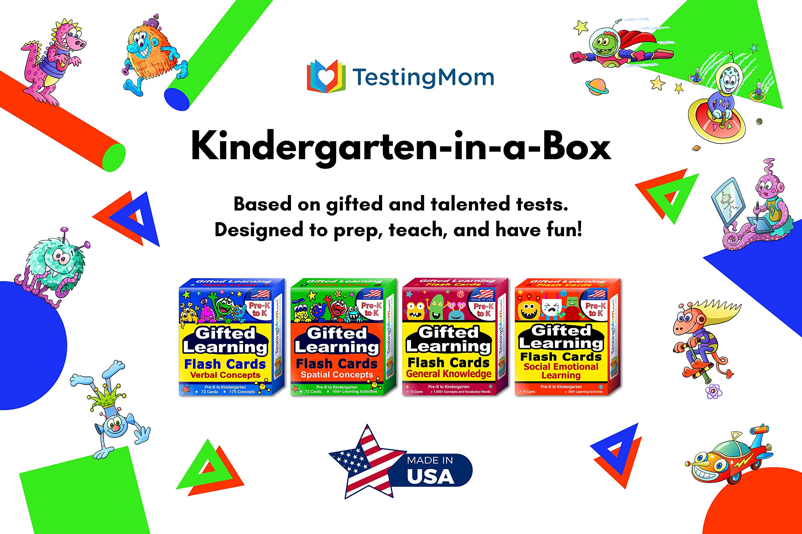 TestingMom.com Kindergarten-In-A-Box - Gifted Learning Flash Cards Bundle (Set 2) - General Knowledge, Verbal, Spatial, Social Emotional Learning - Gifted and Talented Test Prep for CogAT, WPPSI, NNAT