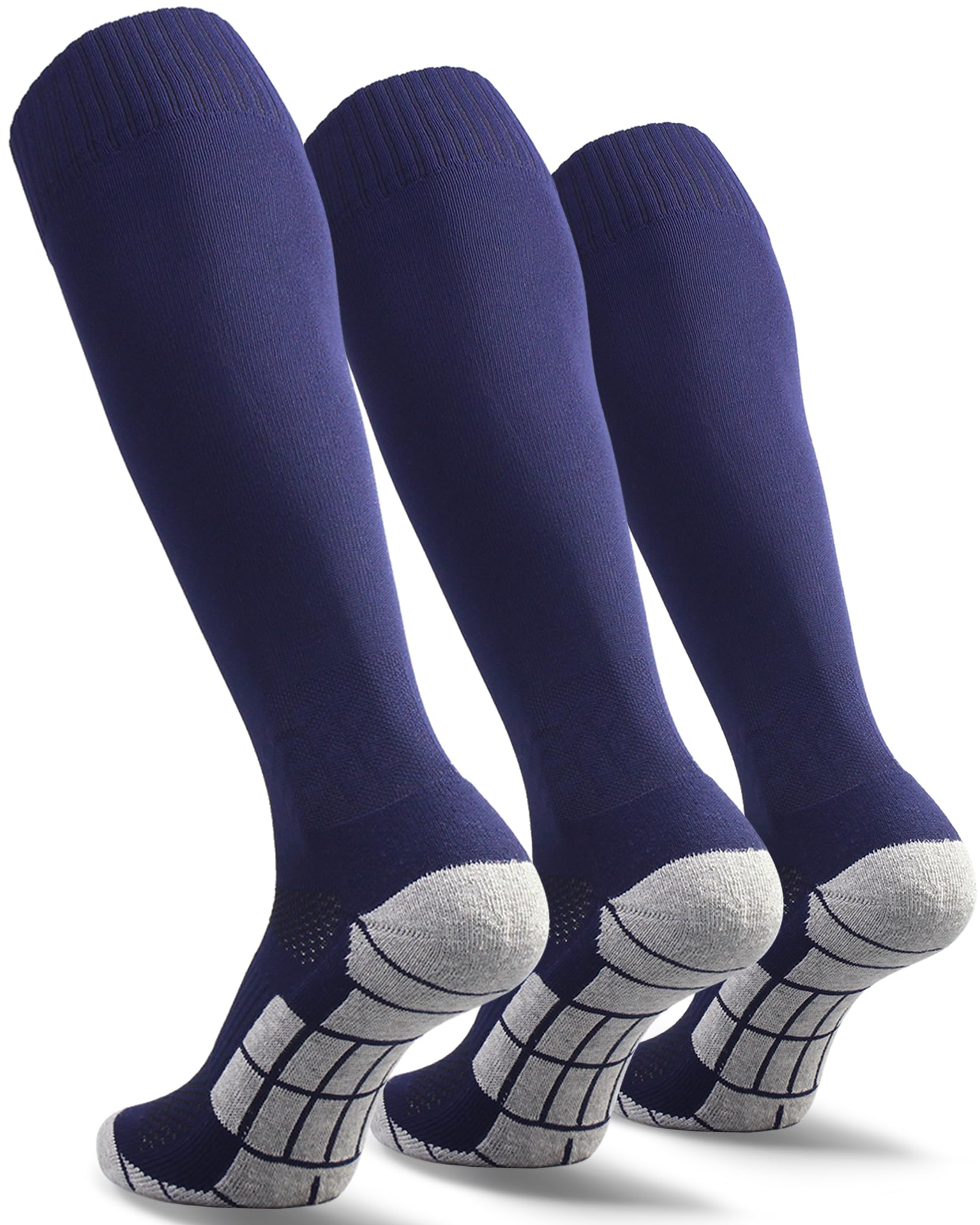 CWVLC Boy's Soccer Socks 3 Pairs Youth Softball Sport Team Athletic Knee High Long Tube Cotton Compression Socks Navy Blue Small (3Y-5Y Youth/ 4-6 Women)