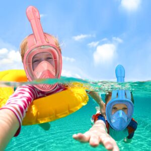 QingSong Kids Snorkel Mask Full Face, Snorkeling Set with Camera Mount, 180 Degree Panoramic View Snorkeling Gear Anti-Fog Anti-Leak