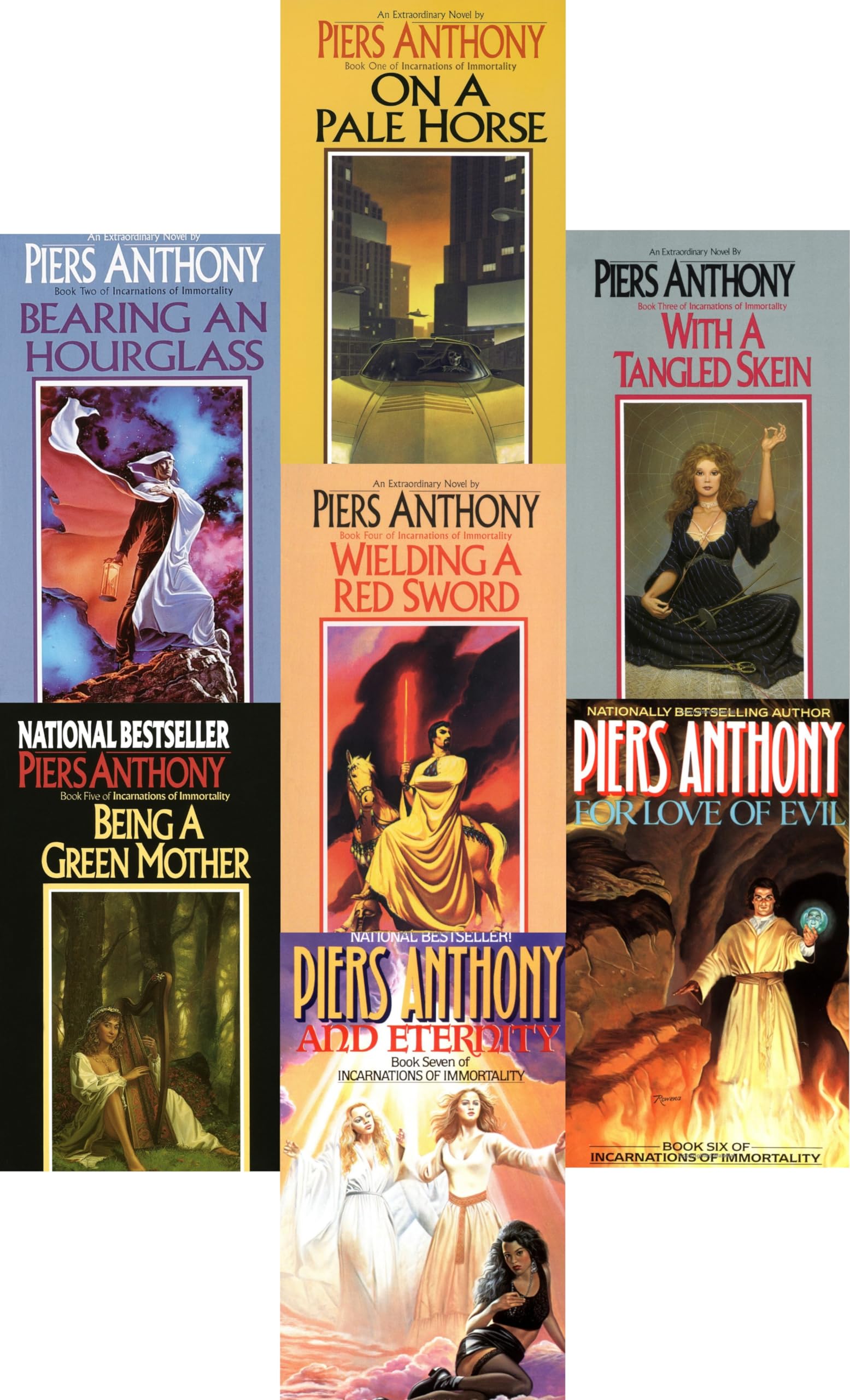 Incarnations of Immortality Set (Books 1-7) 1983-1990; On a Pale Horse, Bearing an Hourglass, With a Tangled Skein, Weilding a Red Sword, Being a Green Mother, For Love of Evil, & And Eternity