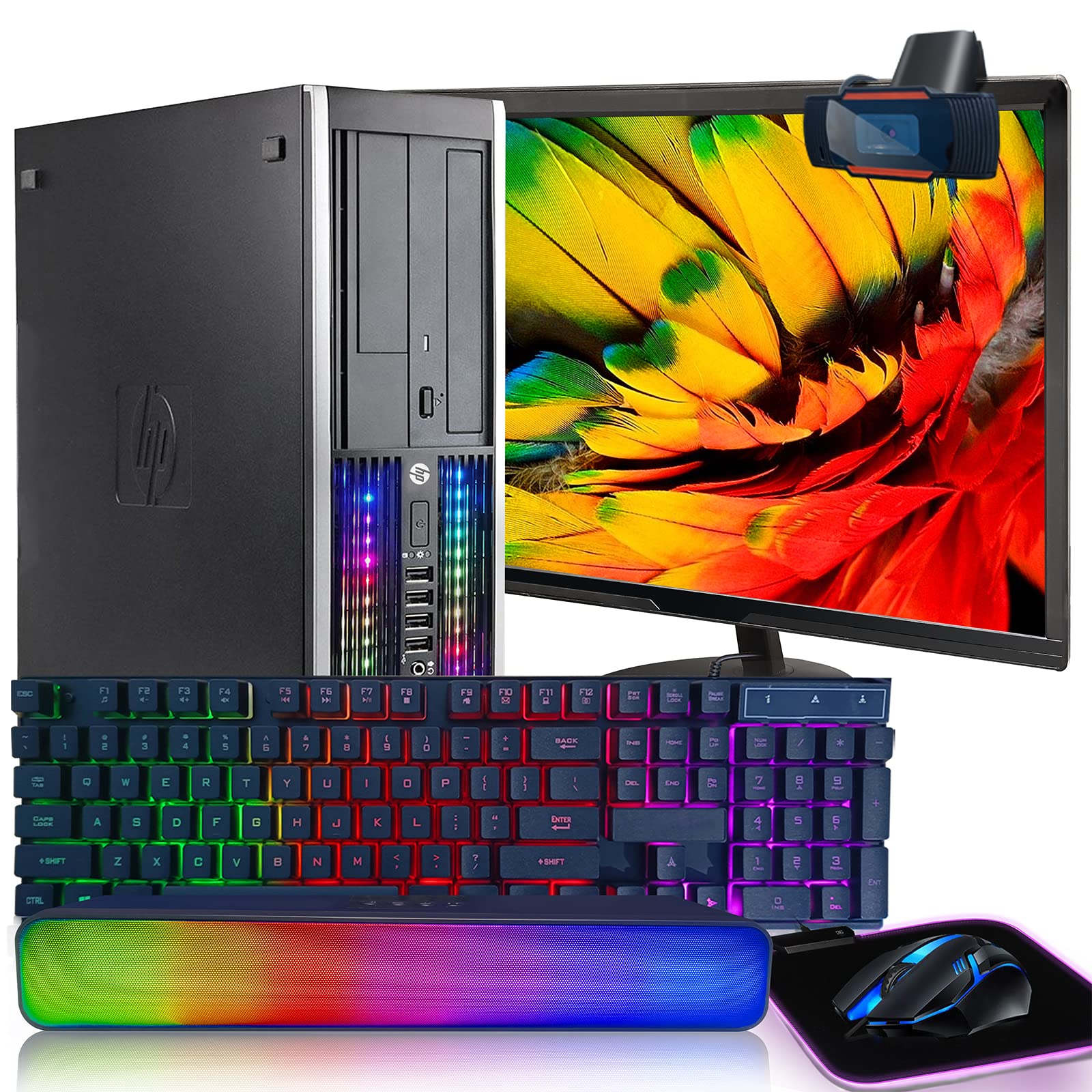 HP RGB Lights Gaming Desktop Combo I7 up to 3.8GHz,16G,128G SSD+3T,GeForce GT 730 2G GDDR5,New 24" 1080P LED,WiFi,BT 5.0,RGB BT SoundBar,RGB Keyboard&Mouse&Mouse Pad,Webcam,W10P64(Renewed)