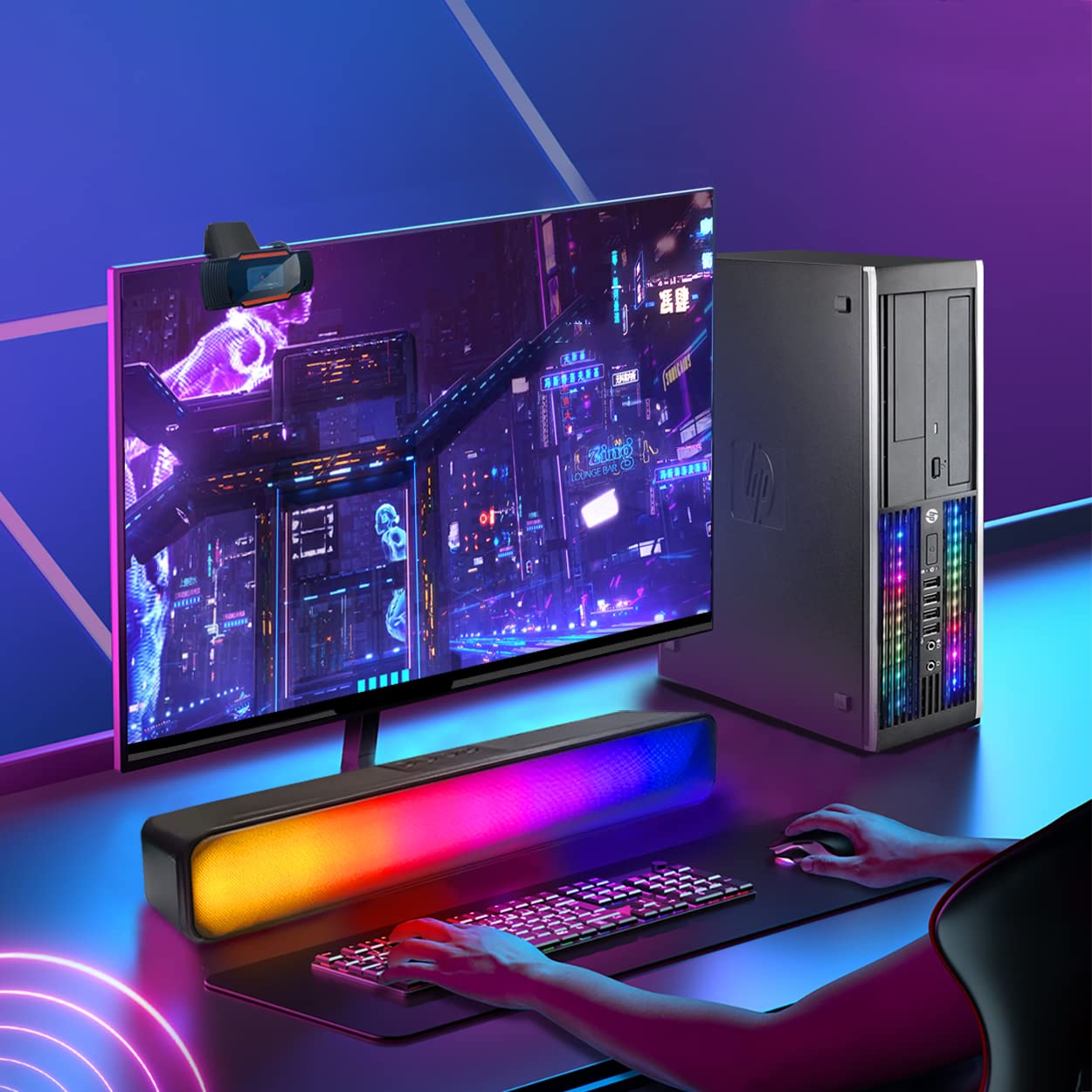 HP RGB Lights Gaming Desktop Combo I7 up to 3.8GHz,16G,128G SSD+3T,GeForce GT 730 2G GDDR5,New 24" 1080P LED,WiFi,BT 5.0,RGB BT SoundBar,RGB Keyboard&Mouse&Mouse Pad,Webcam,W10P64(Renewed)