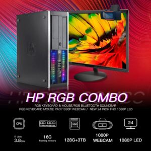 HP RGB Lights Gaming Desktop Combo I7 up to 3.8GHz,16G,128G SSD+3T,GeForce GT 730 2G GDDR5,New 24" 1080P LED,WiFi,BT 5.0,RGB BT SoundBar,RGB Keyboard&Mouse&Mouse Pad,Webcam,W10P64(Renewed)