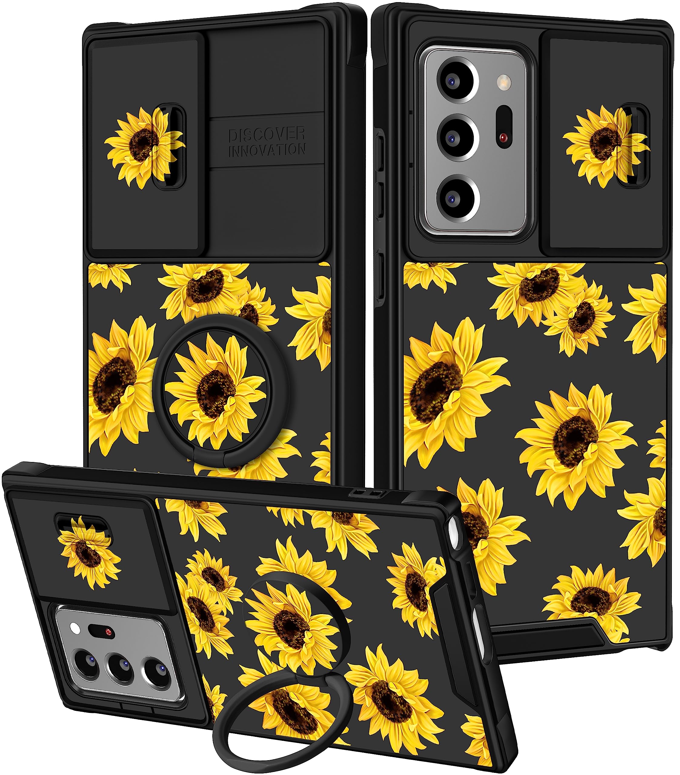 Funermei (2in1 for Samsung Galaxy Note 20 Ultra Case for Women Sunflower Cute Girls Phone Cover Floral Flower Girly Aesthetic Sun Flower Design with Camera Cover+Ring Funda for Note 20 Ultra Case 5G