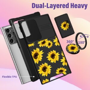 Funermei (2in1 for Samsung Galaxy Note 20 Ultra Case for Women Sunflower Cute Girls Phone Cover Floral Flower Girly Aesthetic Sun Flower Design with Camera Cover+Ring Funda for Note 20 Ultra Case 5G