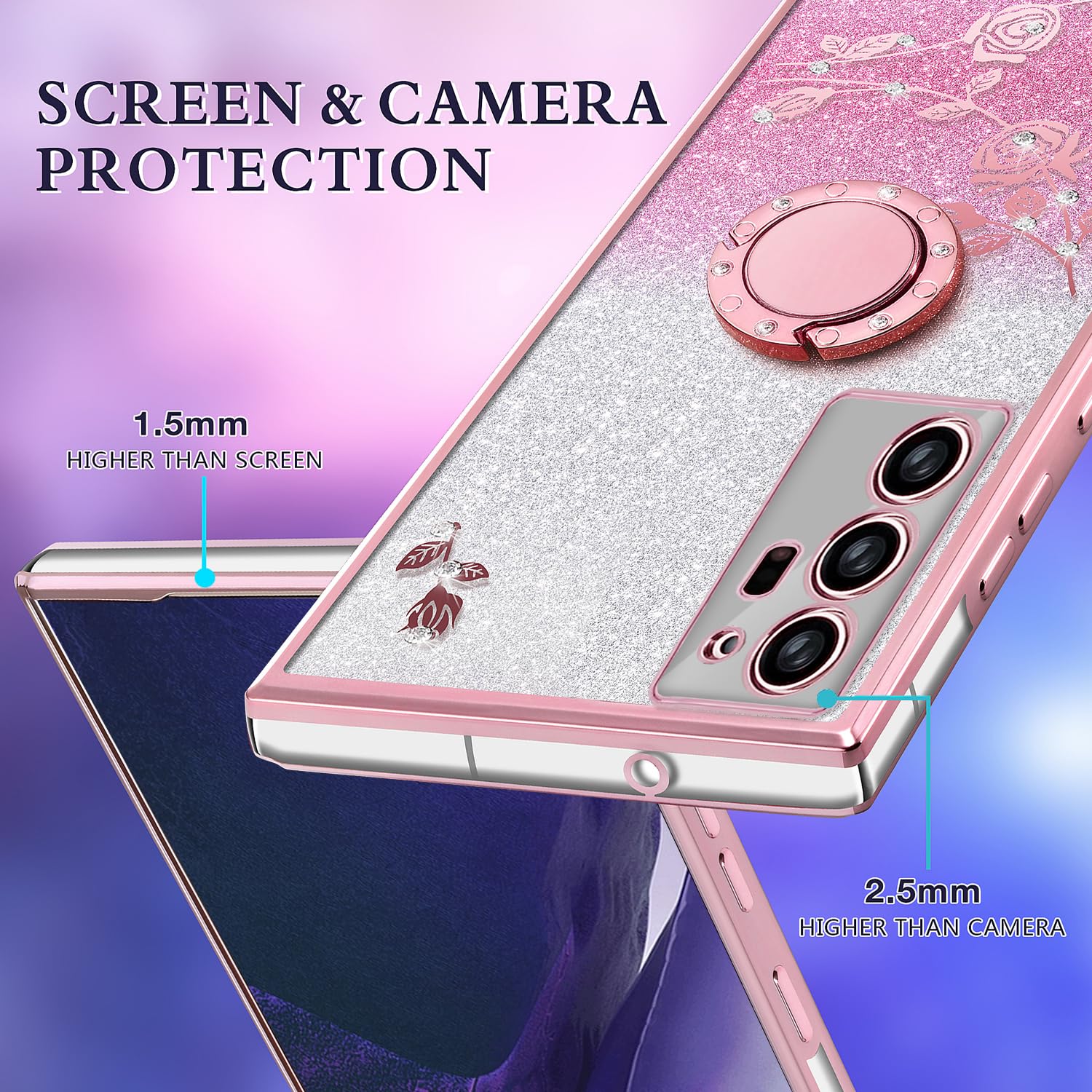 DHIMI for Samsung Galaxy NOTE20 Ultra Luxury Flowers Floral Design Plating Case, Cute Glitter Diamond Phone Cover for Women Girls Bling Sparkle Ring Kickstand Use in NOTE20U Phone Cases