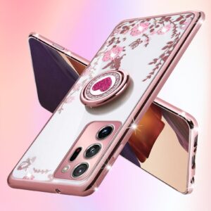 for Note 20 Ultra Case,Galaxy Note 20 Ultra Case for Women, Glitter Crystal Butterfly Heart Floral Slim TPU Bling Cute Girls Protective Cover with Ring Holder Stand+Strap for Note 20 Ultra(Rose Gold)