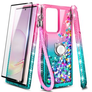 NGB Samsung Galaxy Note 20 Ultra Case with Screen Protector (Maximum Coverage, Flexible TPU Film), Ring Holder, Girls Women Liquid Bling Sparkle Fashion Glitter Clear Cute Case (Pink/Aqua)