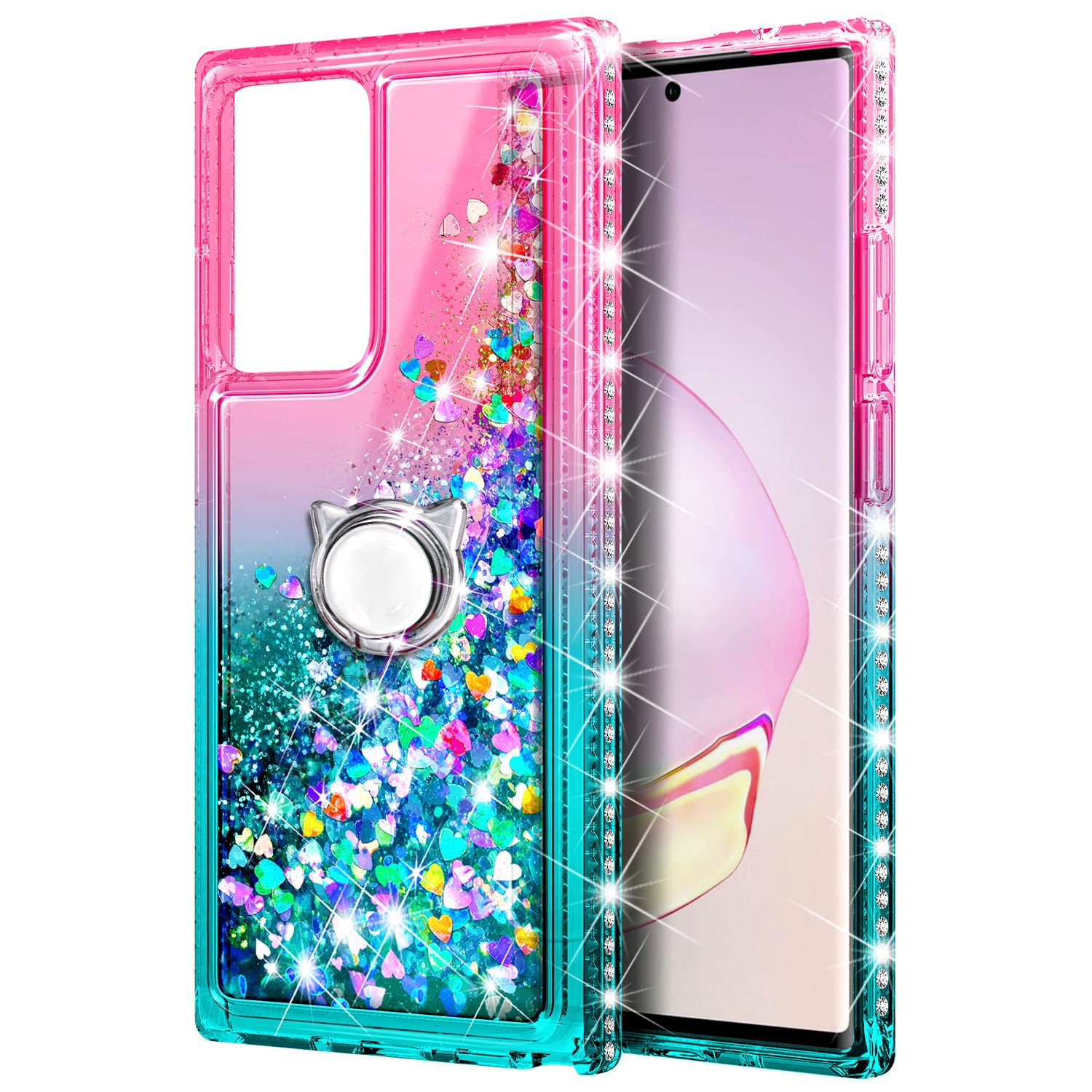 NGB Samsung Galaxy Note 20 Ultra Case with Screen Protector (Maximum Coverage, Flexible TPU Film), Ring Holder, Girls Women Liquid Bling Sparkle Fashion Glitter Clear Cute Case (Pink/Aqua)