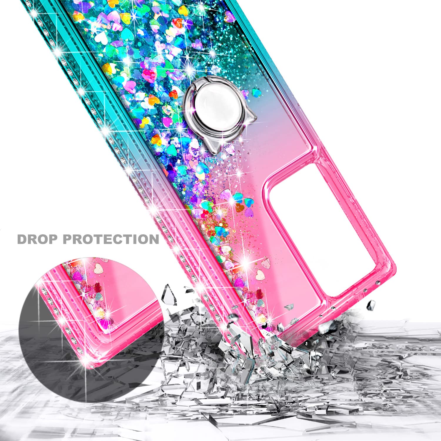 NGB Samsung Galaxy Note 20 Ultra Case with Screen Protector (Maximum Coverage, Flexible TPU Film), Ring Holder, Girls Women Liquid Bling Sparkle Fashion Glitter Clear Cute Case (Pink/Aqua)