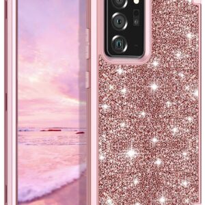 Pandawell for Galaxy Note 20 Ultra Case Glitter Sparkly Bling Heavy Duty Hybrid Sturdy High Impact Shockproof Protective Cover Case for Samsung Galaxy Note 20 Ultra 5G 6.9 inch, Shiny Rose Gold