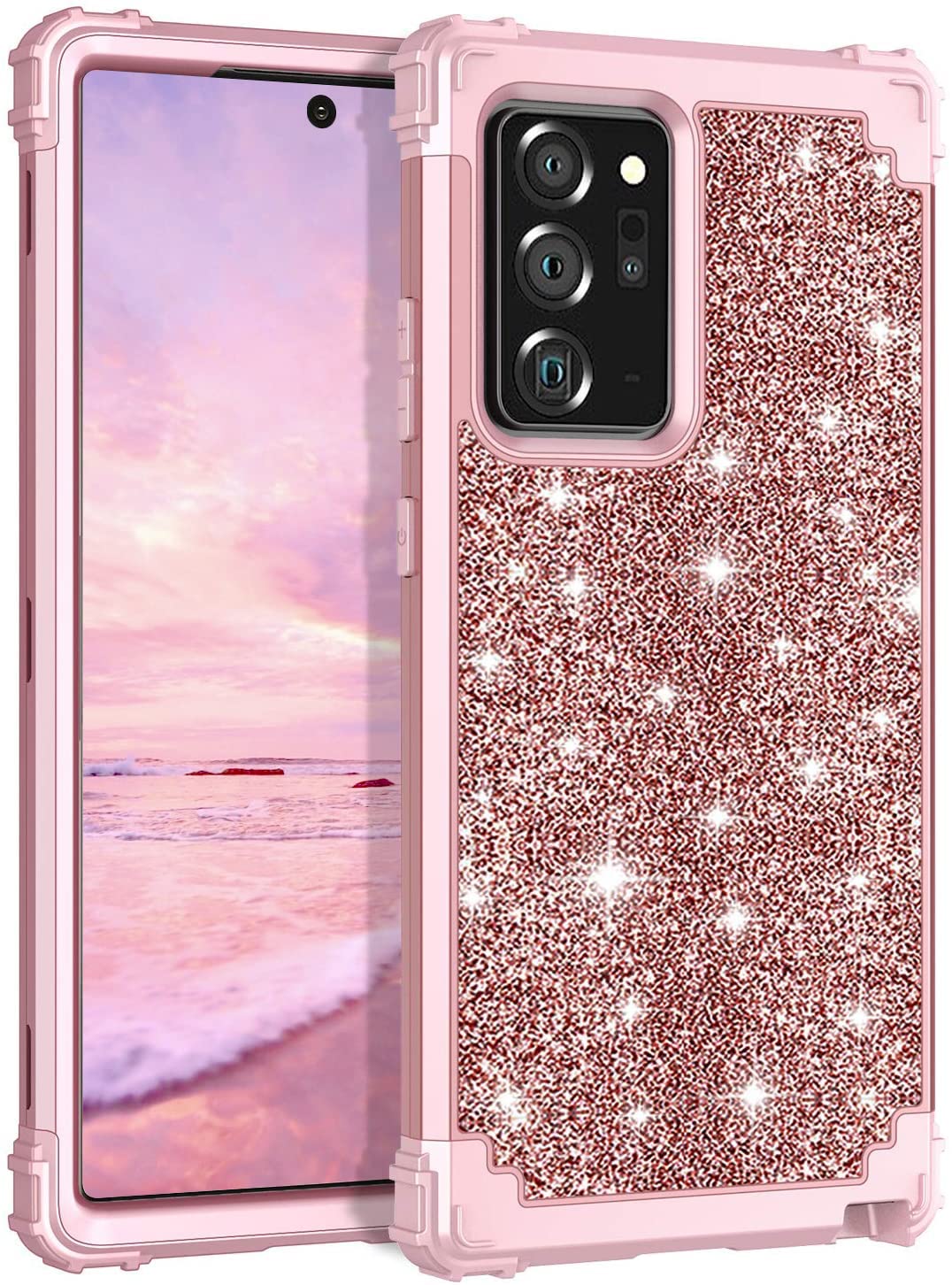 Pandawell for Galaxy Note 20 Ultra Case Glitter Sparkly Bling Heavy Duty Hybrid Sturdy High Impact Shockproof Protective Cover Case for Samsung Galaxy Note 20 Ultra 5G 6.9 inch, Shiny Rose Gold