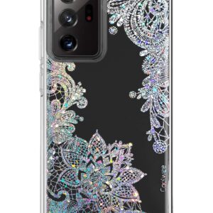 Coolwee Clear Glitter for Note 20 Ultra Case Thin Flower Slim Crystal Lace Bling Women Girls Floral Plastic Hard Back Soft TPU Bumper Protective Cover for Samsung Galaxy Note 20 Ultra Mandala Henna