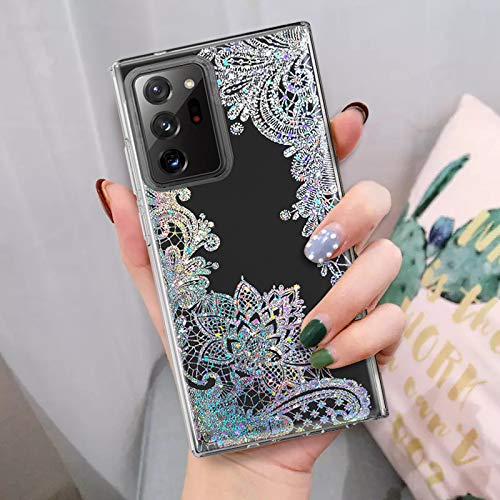 Coolwee Clear Glitter for Note 20 Ultra Case Thin Flower Slim Crystal Lace Bling Women Girls Floral Plastic Hard Back Soft TPU Bumper Protective Cover for Samsung Galaxy Note 20 Ultra Mandala Henna