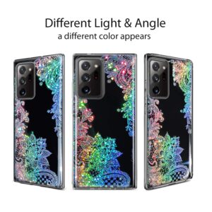 Coolwee Clear Glitter for Note 20 Ultra Case Thin Flower Slim Crystal Lace Bling Women Girls Floral Plastic Hard Back Soft TPU Bumper Protective Cover for Samsung Galaxy Note 20 Ultra Mandala Henna