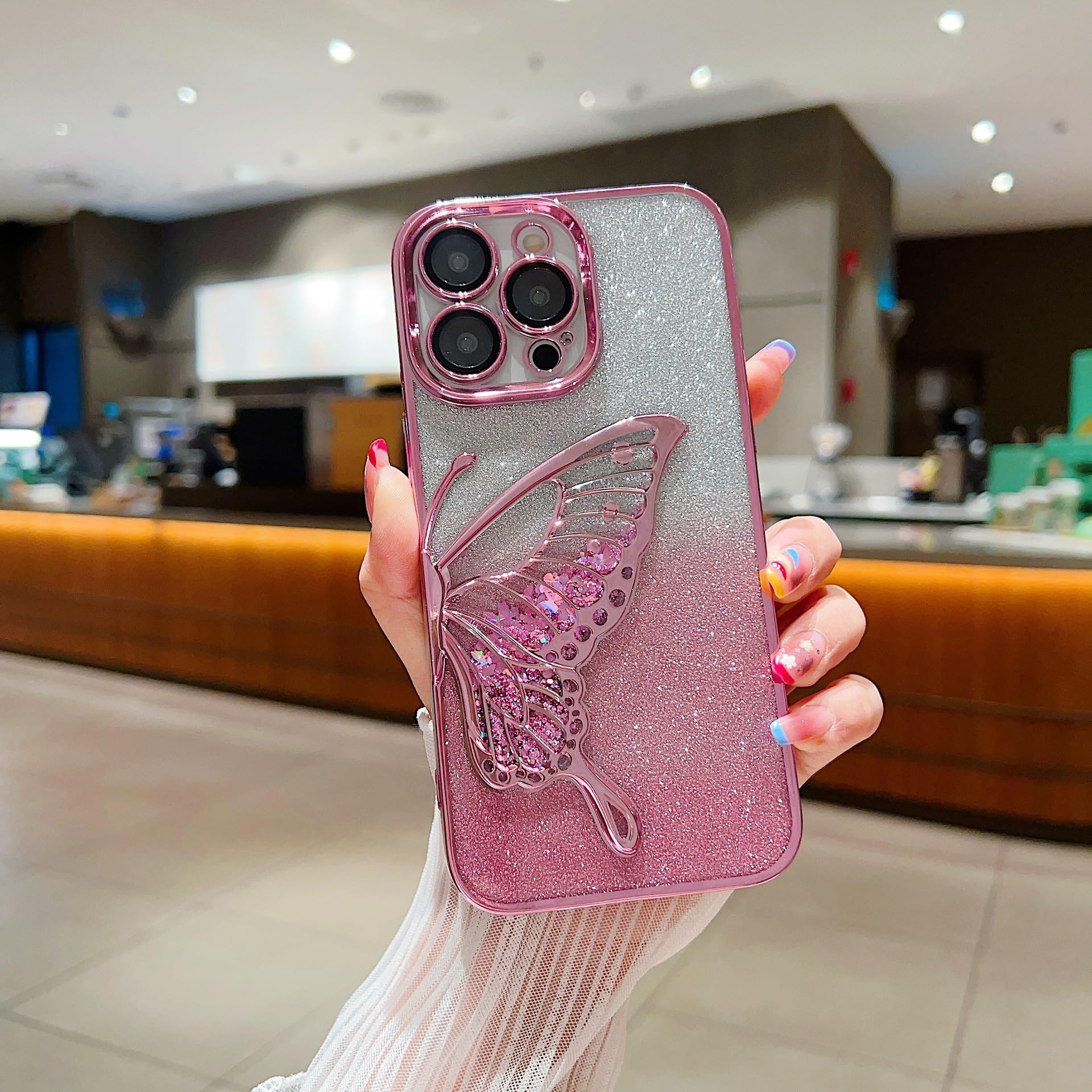 Ownest Compatible for iPhone 13 Case/iPhone 14 Case with Luxury Glitter Cute Butterfly Plating Design Aesthetic Women Teen Girls Phone Cases Camera Protection Shockproof Cover-Pink