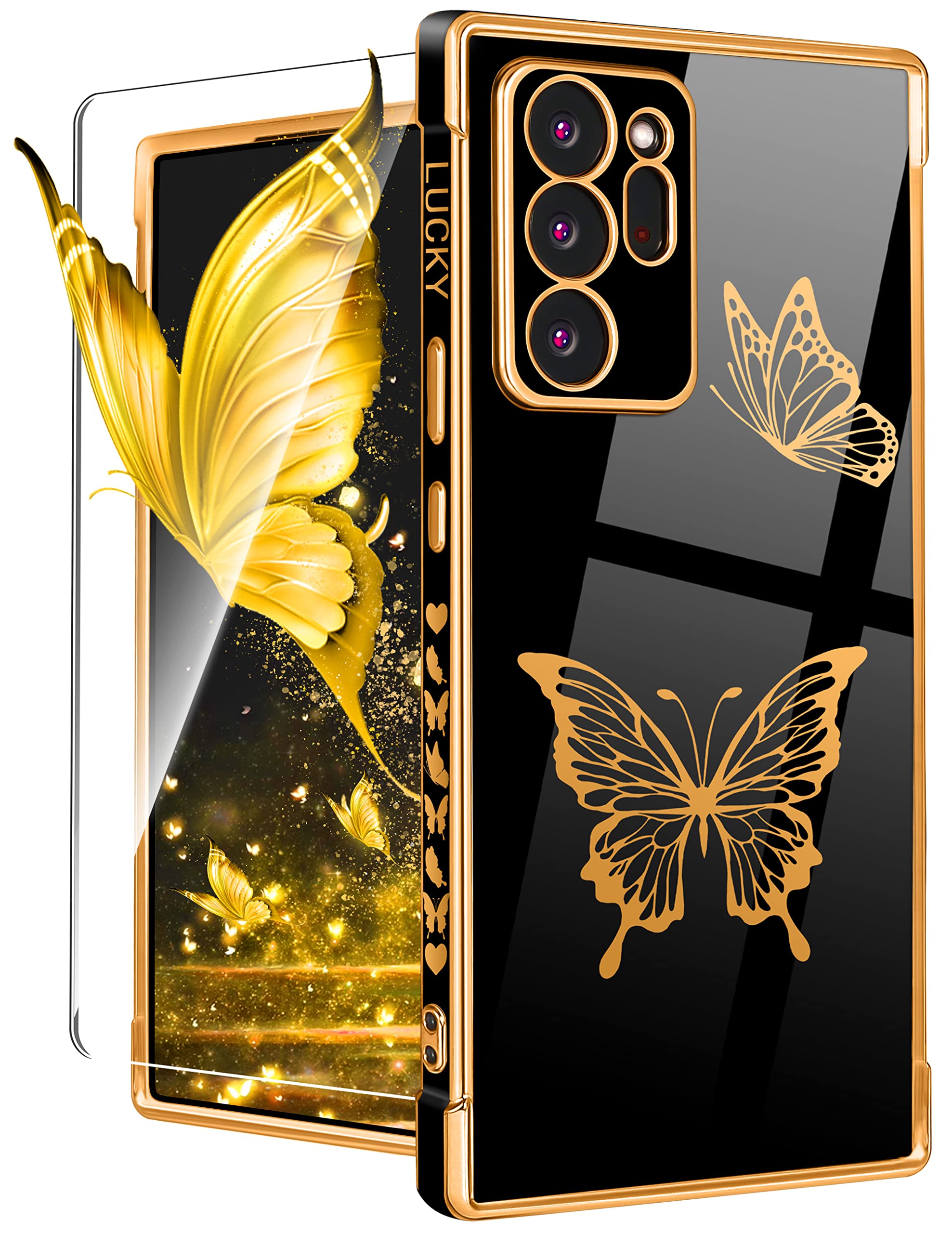 Coralogo for Samsung Galaxy Note 20 Ultra Case Butterfly for Women Girls Girly Pretty Cute Black Phone Cases Gold Plating Butterflies Design with Screen Aesthetic Cover for Note 20 Ultra 5G 6.9"