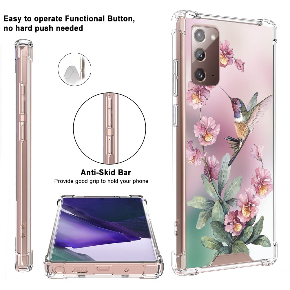 OOK Clear Case Compatible with Samsung Galaxy Note 20, Pink Hummingbird Flexible TPU Shockproof Anti-scratch Bumper Transparent Cover for Galaxy Note 20 with Ring Kickstand