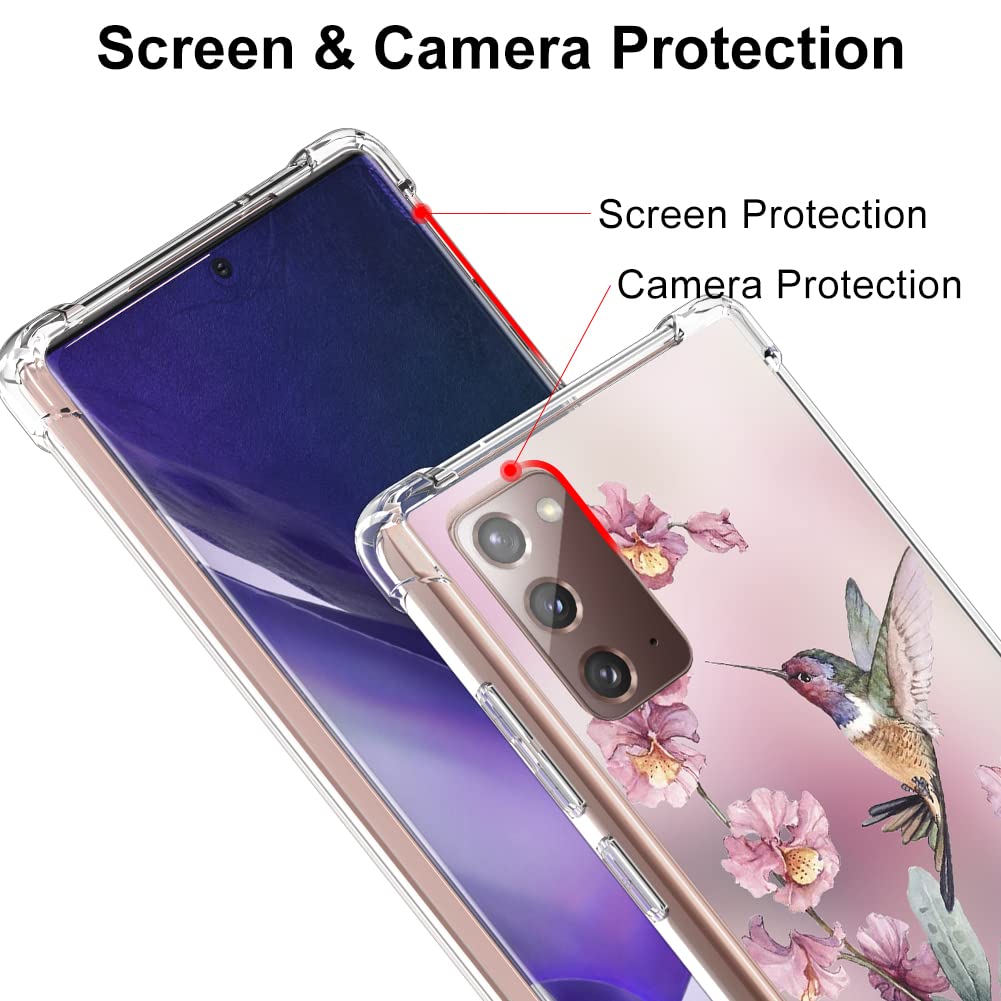 OOK Clear Case Compatible with Samsung Galaxy Note 20, Pink Hummingbird Flexible TPU Shockproof Anti-scratch Bumper Transparent Cover for Galaxy Note 20 with Ring Kickstand