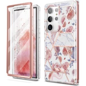 SURITCH for Samsung Galaxy S23 Ultra Case, [Built-in Screen Protector] [Dual-Layer Protection ] Full Protection Shockproof Rugged Bumper Phone Cover for Samsung S23 Ultra 6.8 Inch - Rose Marble