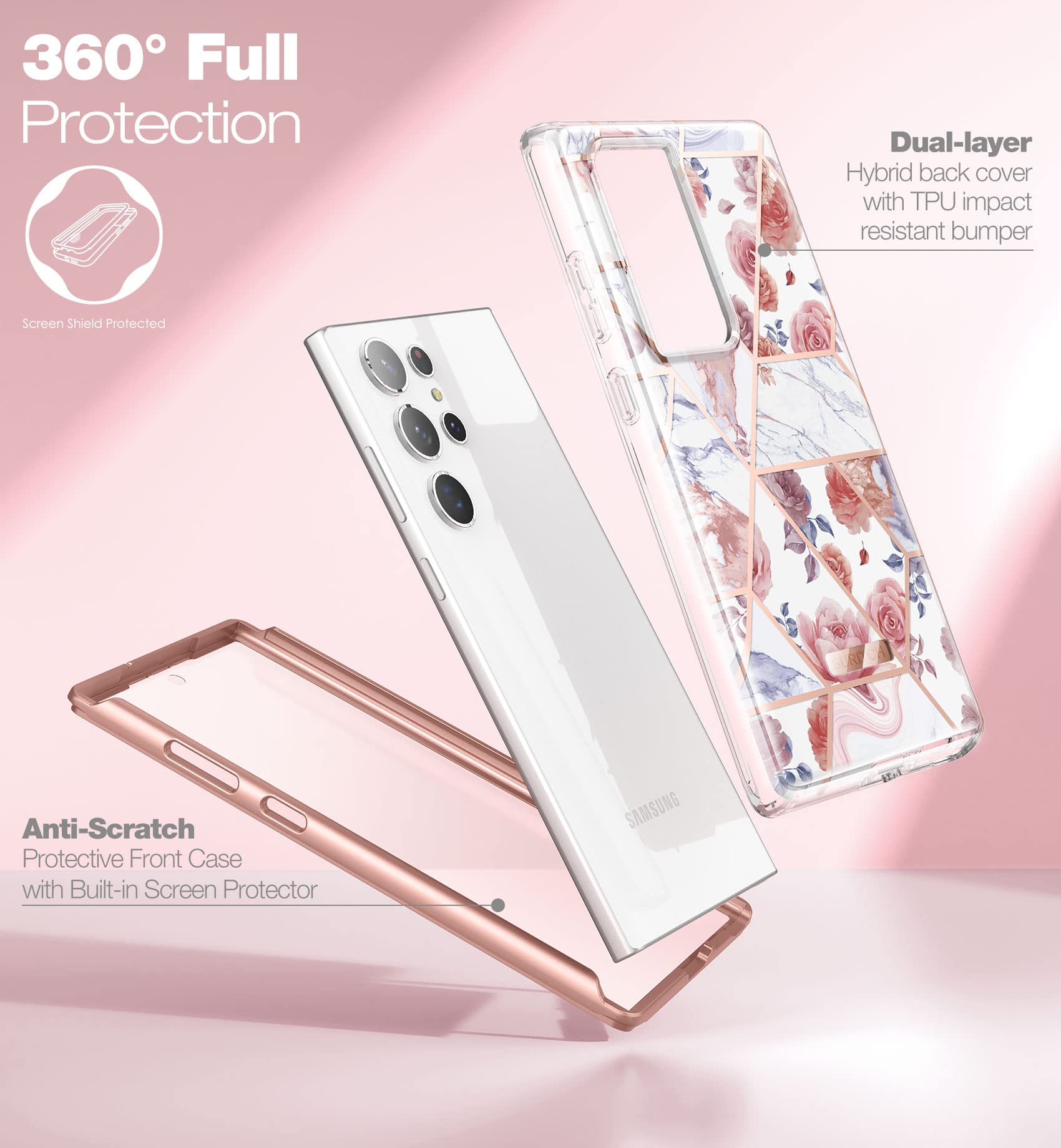 SURITCH for Samsung Galaxy S23 Ultra Case, [Built-in Screen Protector] [Dual-Layer Protection ] Full Protection Shockproof Rugged Bumper Phone Cover for Samsung S23 Ultra 6.8 Inch - Rose Marble