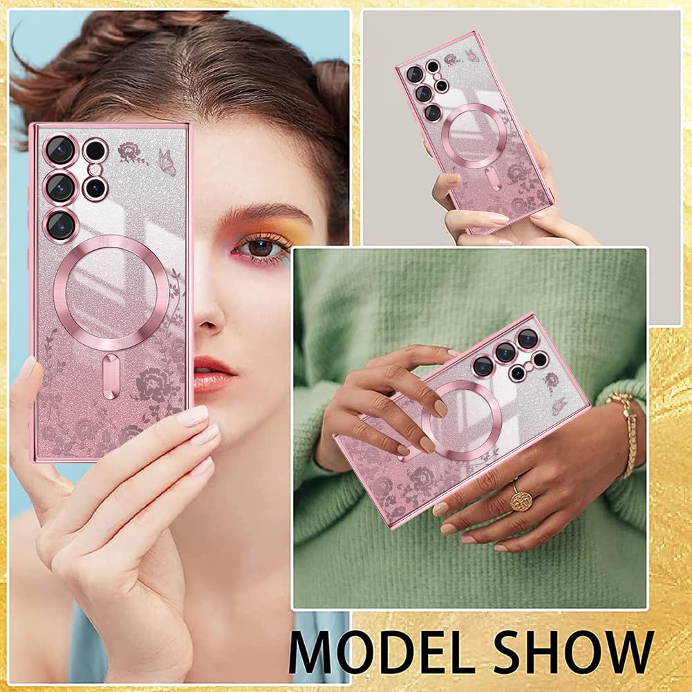 LSL Magnetic Case for Samsung Galaxy S23 Ultra with Camera Protection [Compatible with MagSafe][Strong Magnetic] Luxury Plating Soft TPU Shockproof Glitter Flower Phone Case for Women Girls, Pink