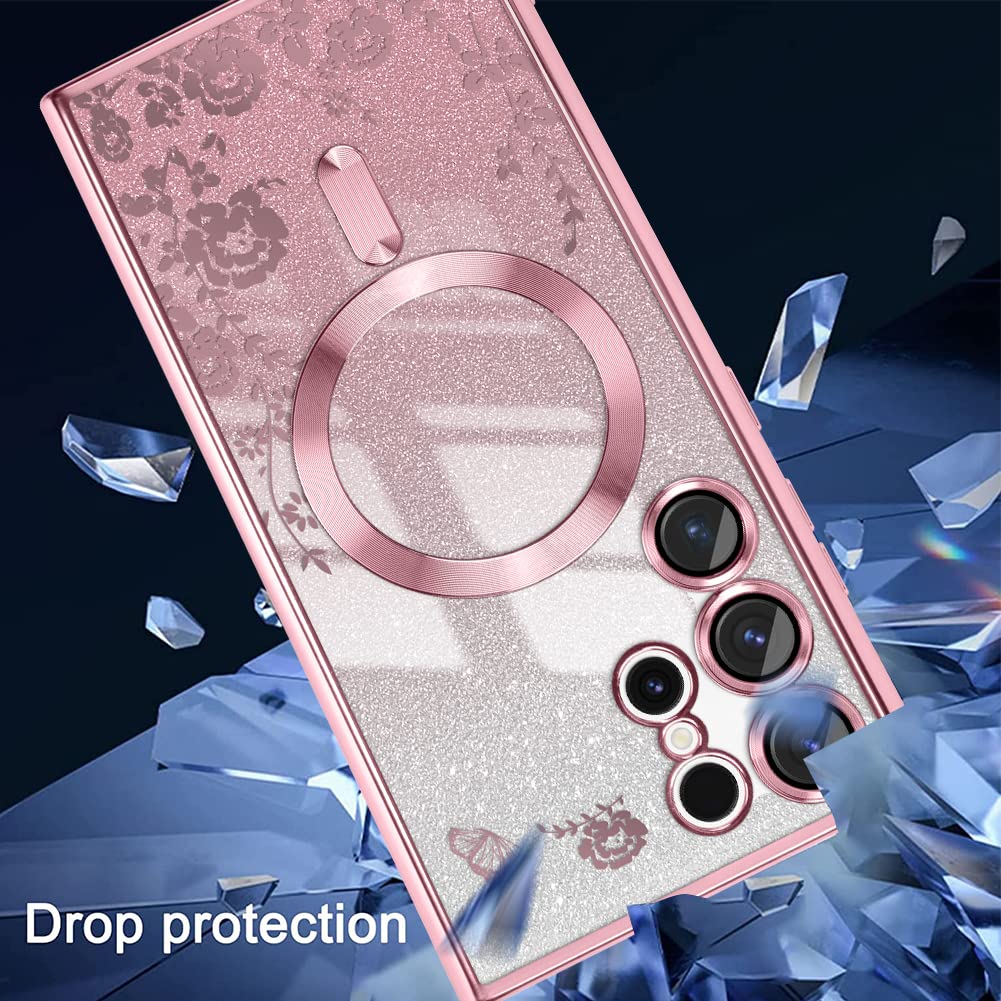 LSL Magnetic Case for Samsung Galaxy S23 Ultra with Camera Protection [Compatible with MagSafe][Strong Magnetic] Luxury Plating Soft TPU Shockproof Glitter Flower Phone Case for Women Girls, Pink