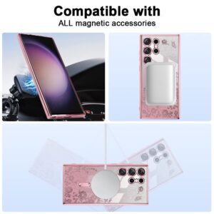 LSL Magnetic Case for Samsung Galaxy S23 Ultra with Camera Protection [Compatible with MagSafe][Strong Magnetic] Luxury Plating Soft TPU Shockproof Glitter Flower Phone Case for Women Girls, Pink