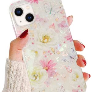 J.west iPhone 13 Case 6.1 inch,Luxury Sparkle Glitter Translucent Soft Clear Colorful Opal Pearly Thinfoil Design Shiny Floral Print Silicone Cover for Women Girls Slim TPU Protective Phone Case