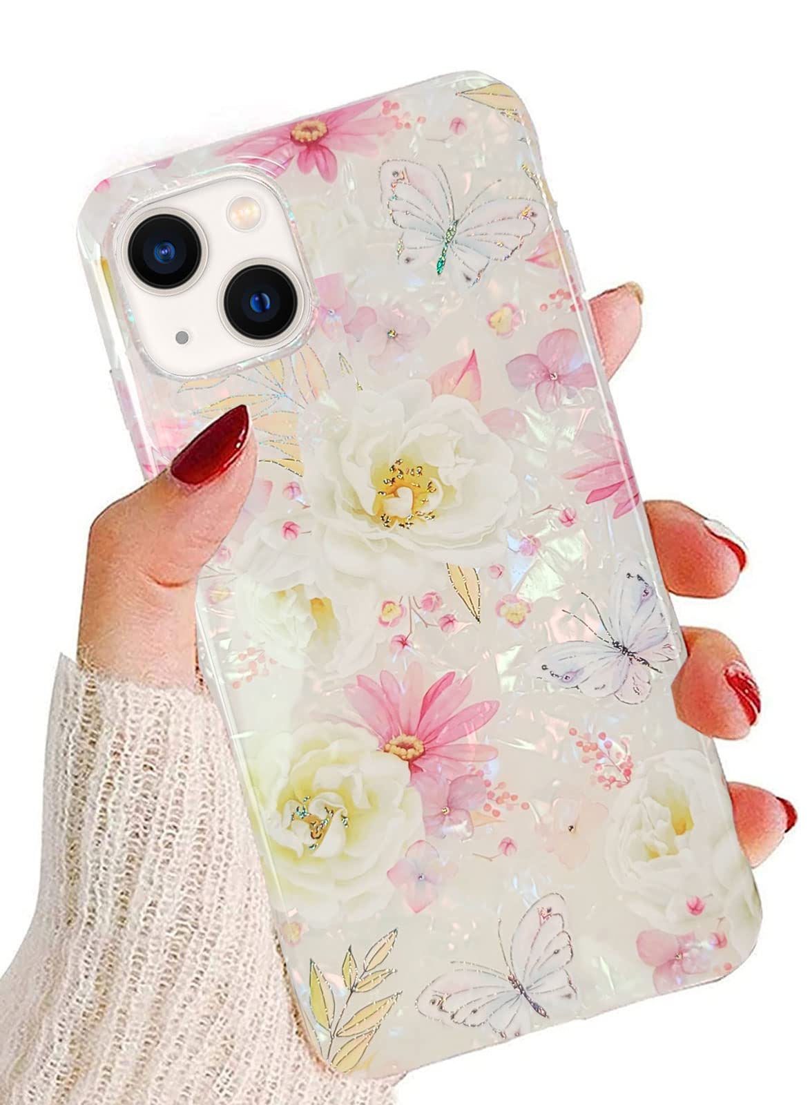 J.west iPhone 13 Case 6.1 inch,Luxury Sparkle Glitter Translucent Soft Clear Colorful Opal Pearly Thinfoil Design Shiny Floral Print Silicone Cover for Women Girls Slim TPU Protective Phone Case