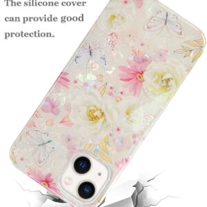 J.west iPhone 13 Case 6.1 inch,Luxury Sparkle Glitter Translucent Soft Clear Colorful Opal Pearly Thinfoil Design Shiny Floral Print Silicone Cover for Women Girls Slim TPU Protective Phone Case