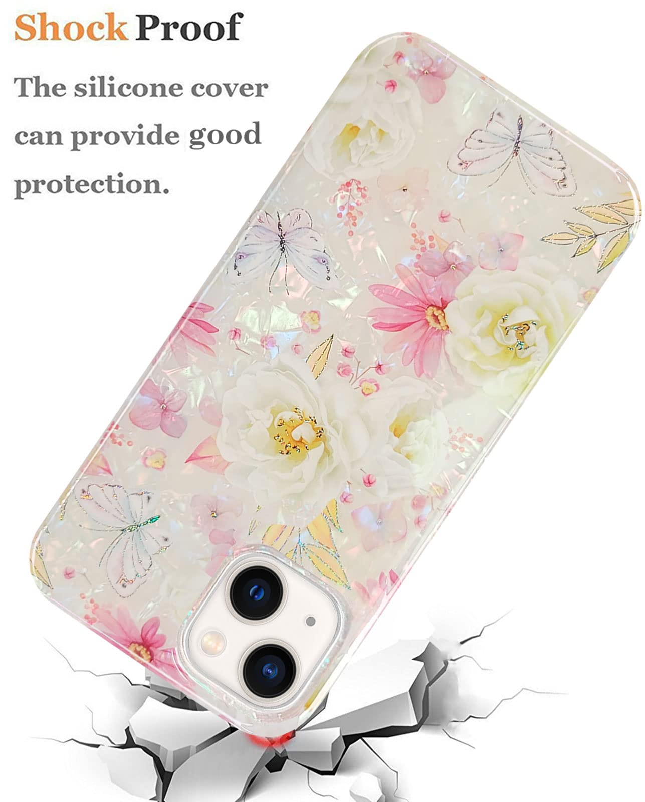 J.west iPhone 13 Case 6.1 inch,Luxury Sparkle Glitter Translucent Soft Clear Colorful Opal Pearly Thinfoil Design Shiny Floral Print Silicone Cover for Women Girls Slim TPU Protective Phone Case