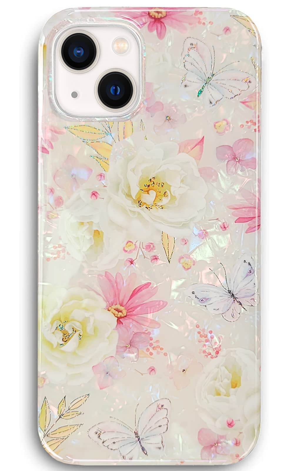 J.west iPhone 13 Case 6.1 inch,Luxury Sparkle Glitter Translucent Soft Clear Colorful Opal Pearly Thinfoil Design Shiny Floral Print Silicone Cover for Women Girls Slim TPU Protective Phone Case