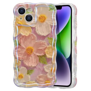 EYZUTAK Case for iPhone 13, Colorful Retro Oil Painting Printed Flower Laser Beam Glossy Pattern Cute Curly Waves Border Exquisite Phone Cover Stylish Durable TPU Protective Case for Girls Women -Pink