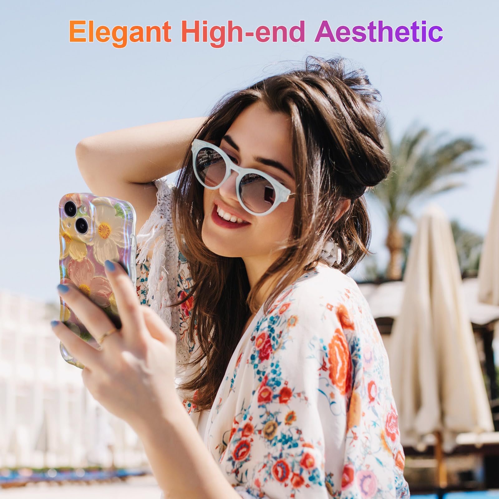 EYZUTAK Case for iPhone 13, Colorful Retro Oil Painting Printed Flower Laser Beam Glossy Pattern Cute Curly Waves Border Exquisite Phone Cover Stylish Durable TPU Protective Case for Girls Women -Pink