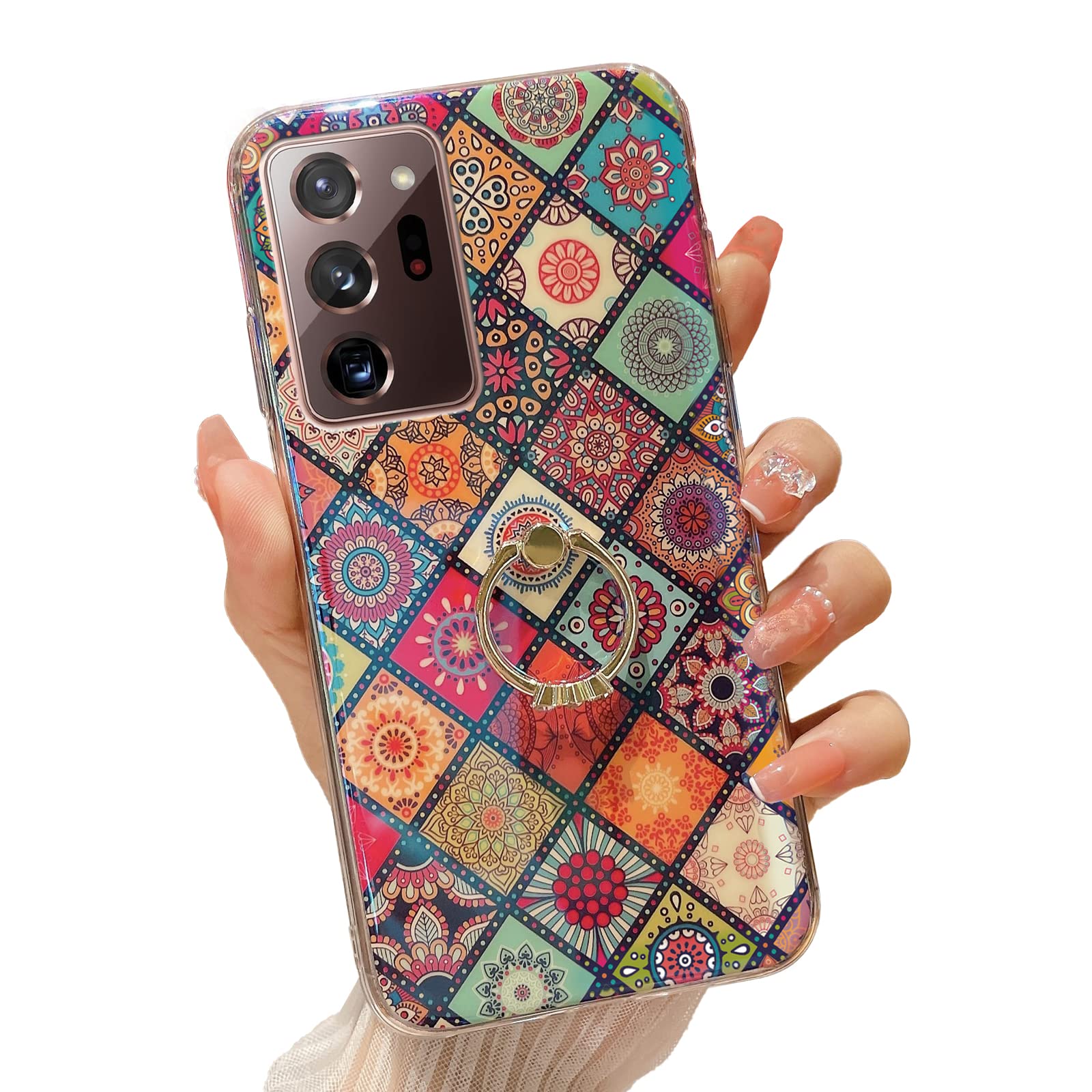 Case for Samsung Galaxy Note 20 Ultra (6.9-inch) Girls Women Cute Floral Slim Shockproof Protection Cover with Gold Ring Stand Mandala Ethnic Style Phone Case