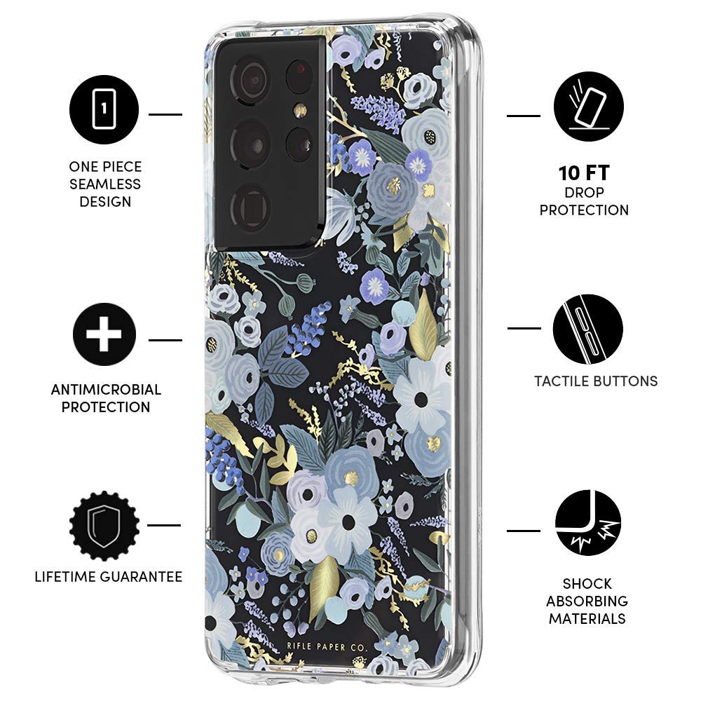 Rifle Paper Co. Samsung Galaxy S21 Ultra Case - 6.8" - 10ft Drop Protection, Fashionable Case for S21 Ultra, Scratch Resistant, Slim Fit, Enhanced Grip, Cute Phone Case, Garden Party Blue