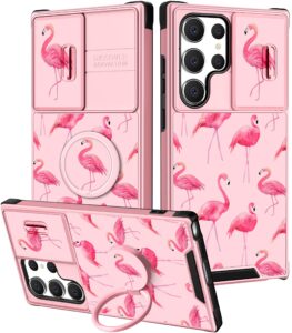 goocrux (2in1 for samsung galaxy s23 ultra case flamingo for women girls cute girly phone cover flamingos design with slide camera cover+ring holder unique aesthetic cases for s23 ultra 5g 6.8''