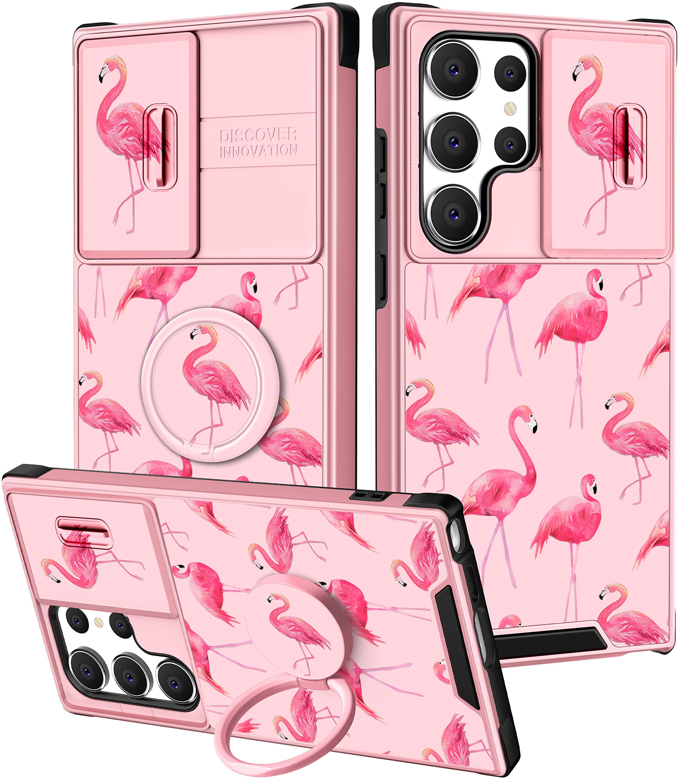 Goocrux (2in1 for Samsung Galaxy S23 Ultra Case Flamingo for Women Girls Cute Girly Phone Cover Flamingos Design with Slide Camera Cover+Ring Holder Unique Aesthetic Cases for S23 Ultra 5G 6.8''