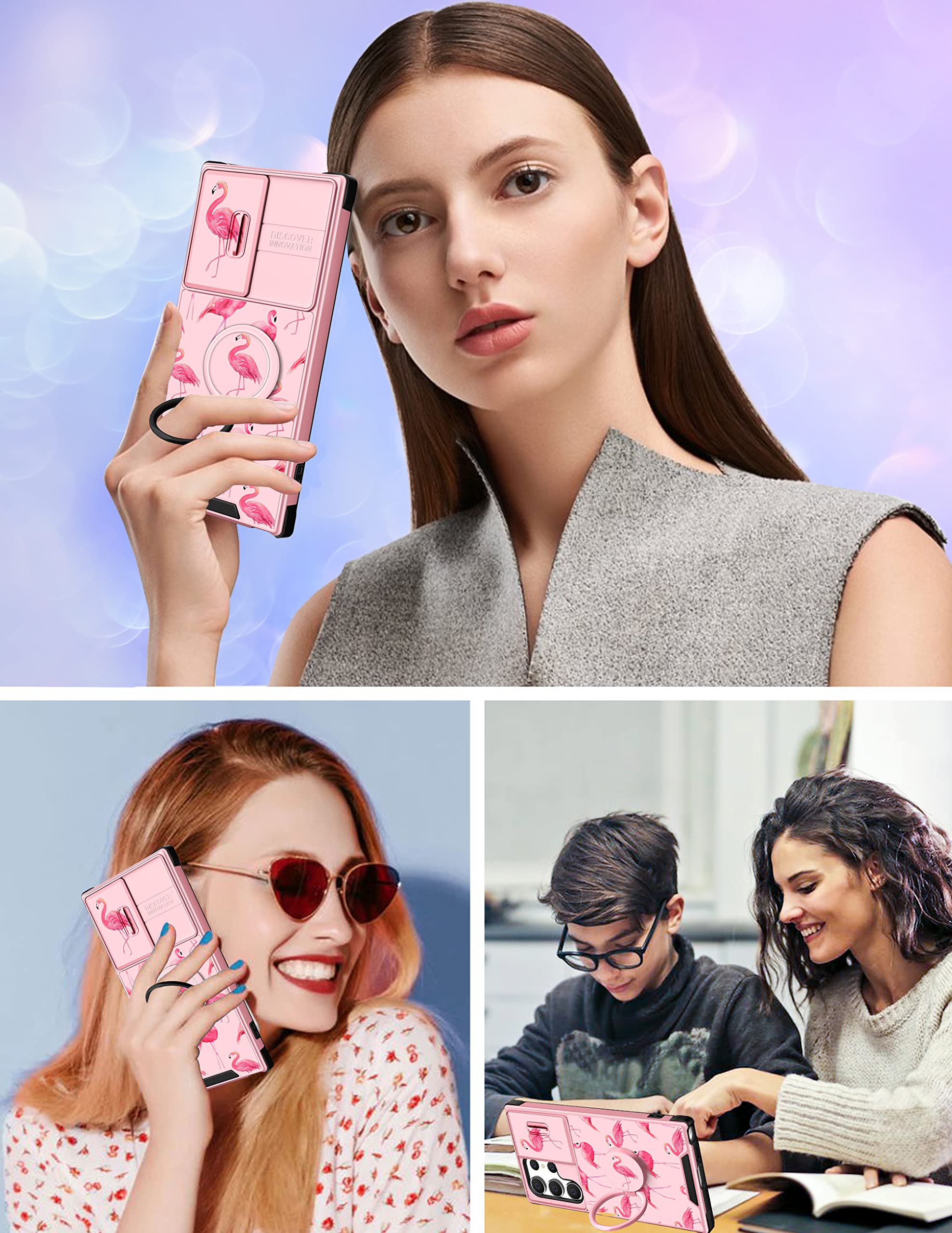 Goocrux (2in1 for Samsung Galaxy S23 Ultra Case Flamingo for Women Girls Cute Girly Phone Cover Flamingos Design with Slide Camera Cover+Ring Holder Unique Aesthetic Cases for S23 Ultra 5G 6.8''