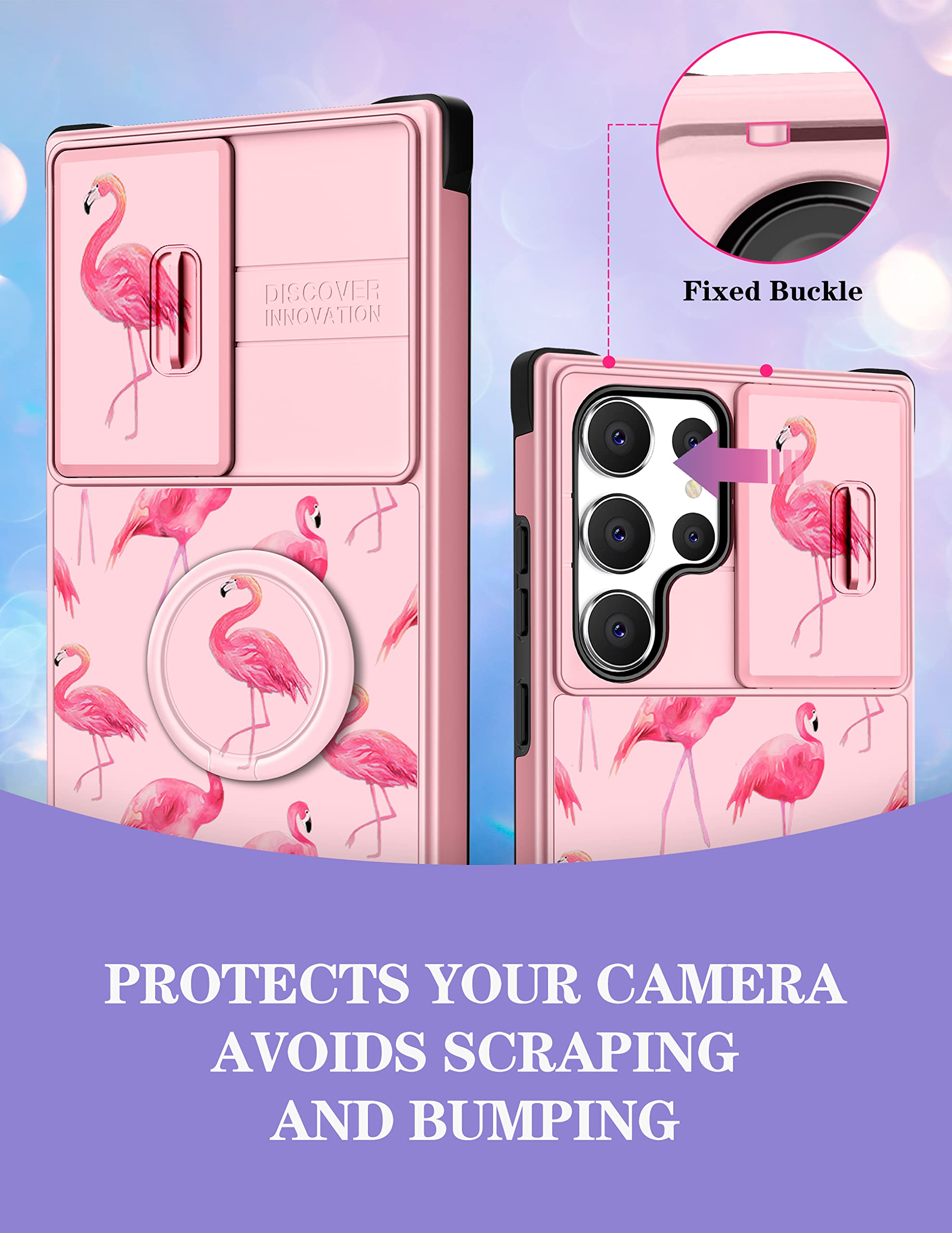 Goocrux (2in1 for Samsung Galaxy S23 Ultra Case Flamingo for Women Girls Cute Girly Phone Cover Flamingos Design with Slide Camera Cover+Ring Holder Unique Aesthetic Cases for S23 Ultra 5G 6.8''