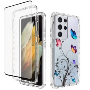 vavies case for galaxy s21 ultra 5g case, sm-g998u case with tempered glass screen protector, full body clear with floral protection phone cover cases for samsung galaxy s21 ultra 5g (butterfly tree)