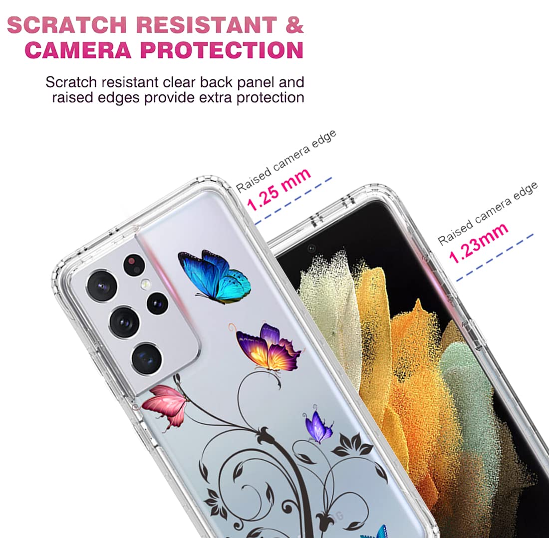 Vavies Case for Galaxy S21 Ultra 5G Case, SM-G998U Case with Tempered Glass Screen Protector, Full Body Clear with Floral Protection Phone Cover Cases for Samsung Galaxy S21 Ultra 5G (Butterfly Tree)