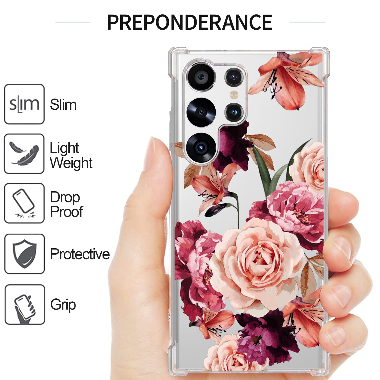 CoverON Compitable with Samsung Galaxy S23 Ultra Case for Women, Slim Floral Design Clear TPU Rubber Flexible Soft Skin Cover Protective Sleeve for Galaxy S23 Ultra Phone Case - Peony Flower